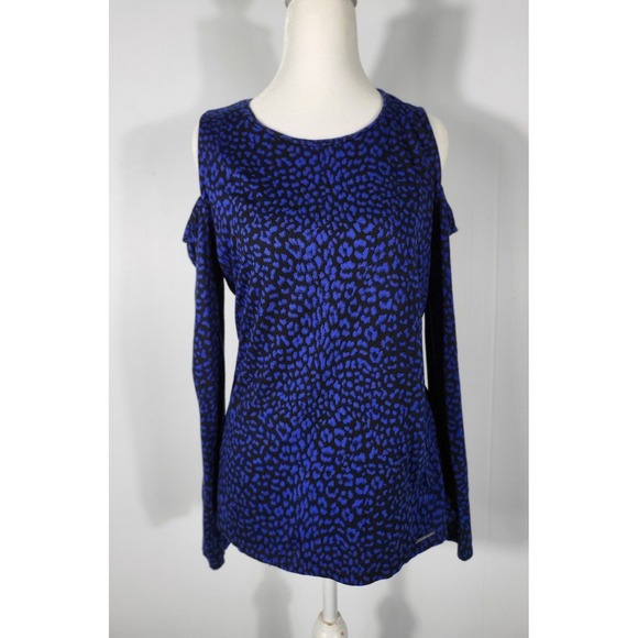 Michael Kors Cold Shoulder Top Animal Print Long Sleeve Blouse L - Picture 1 of 8